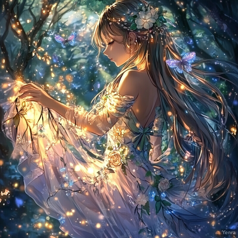 A serene and enchanting scene of a woman surrounded by nature's beauty.