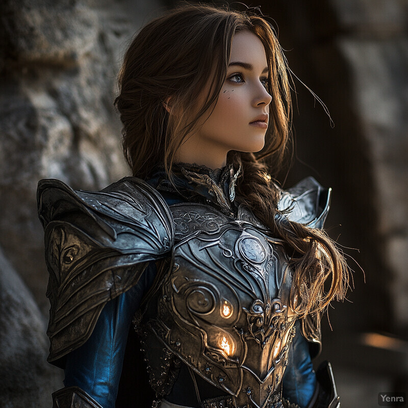 A young woman in armor stands against a stone wall or castle, exuding drama and tension.