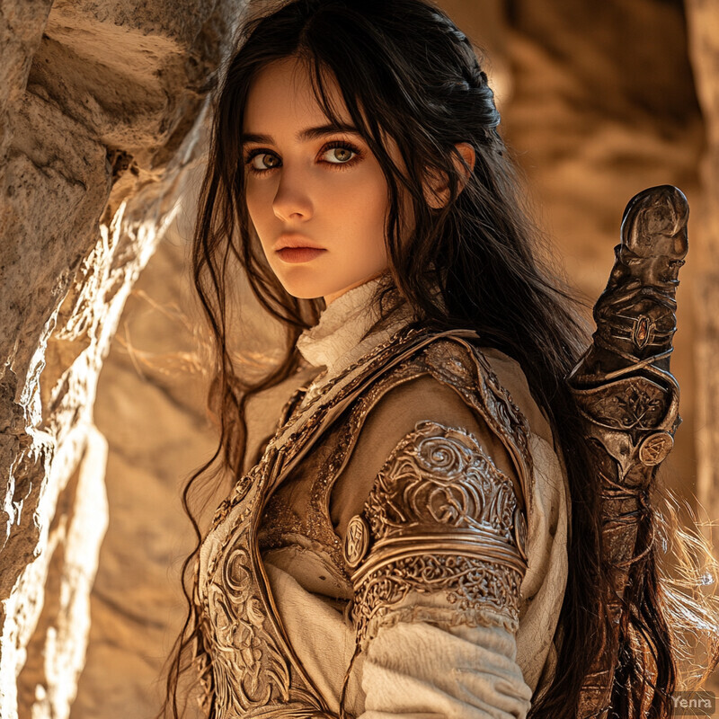 A woman with long dark hair and fair skin stands against a stone wall, wearing an ornate outfit with intricate patterns and designs.