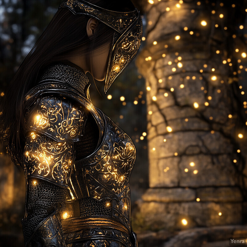 An enchanting warrior clad in intricately designed armor with golden filigree