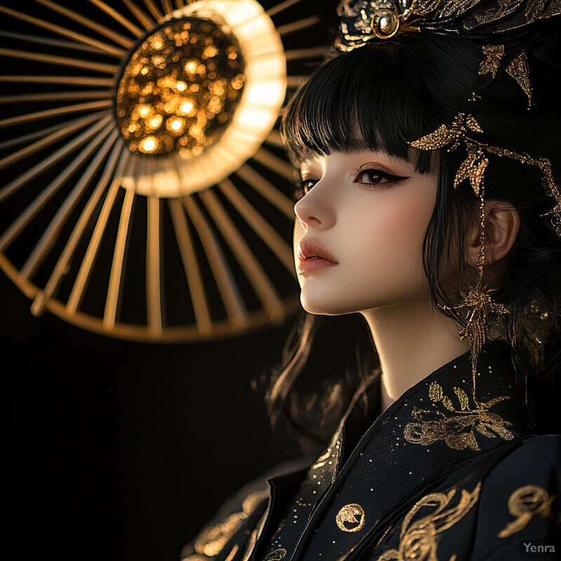 A woman in a black and gold headdress or headpiece, possibly inspired by ancient Asian or Middle Eastern attire, stands against a backdrop of a large chandelier and dark walls.