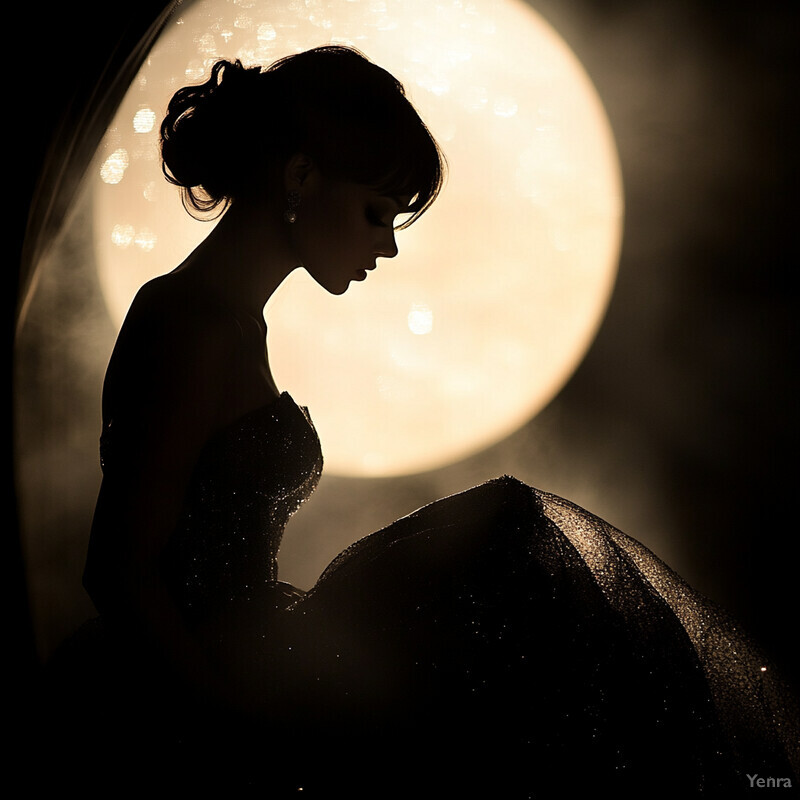 A woman in profile with her head bowed and face obscured by shadows, wearing a stunning black dress.