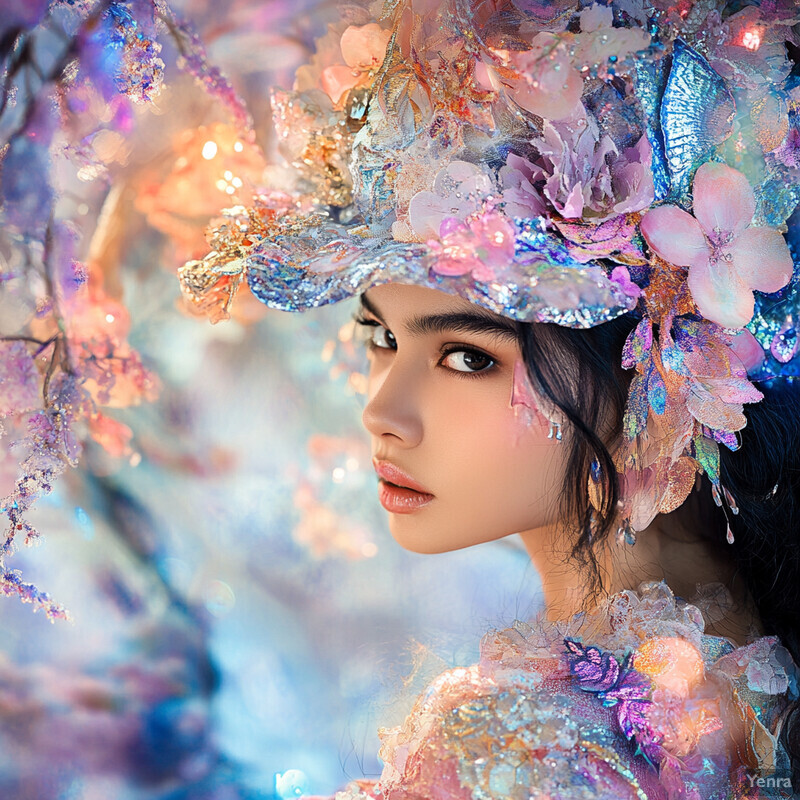 A woman in an elaborate headpiece and attire, set against a blurred background