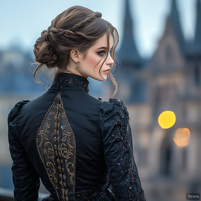 A woman with her back turned to the camera, showcasing an intricate hairstyle and ornate black dress.