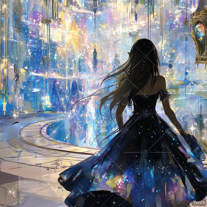 A woman with long hair wears a black dress standing in front of an ethereal celestial cascade.