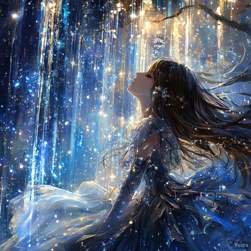 A serene and ethereal scene of a woman surrounded by celestial elements.