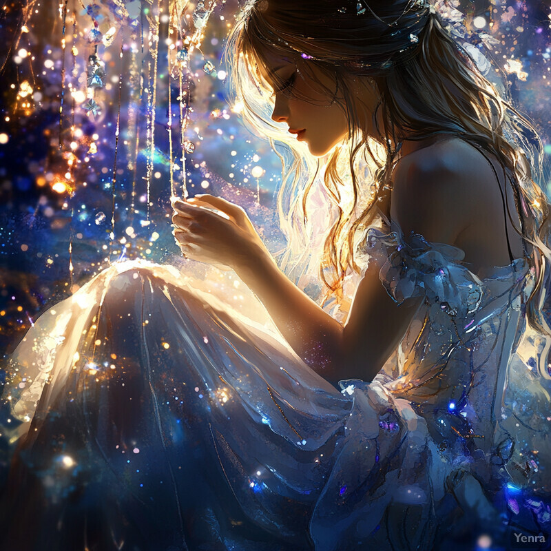 Ethereal woman on swing surrounded by celestial lights