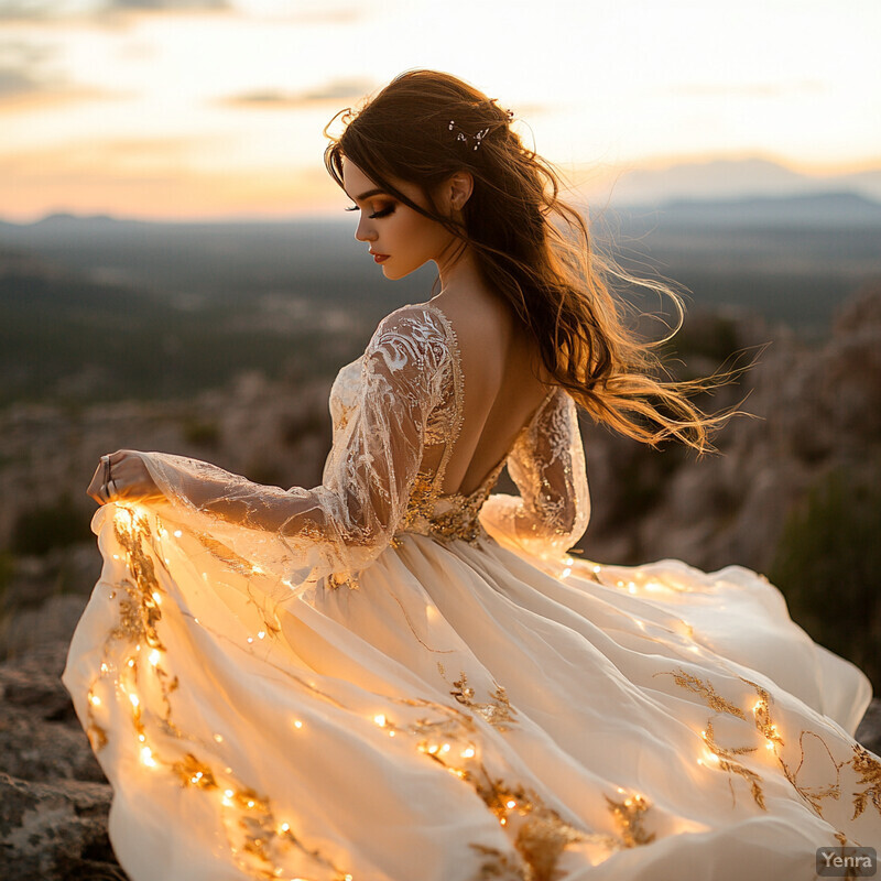 A woman in a stunning white dress stands on a rocky outcrop overlooking a vast landscape