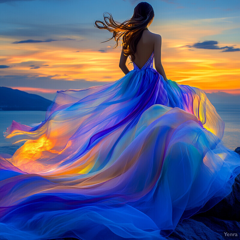 Woman in rainbow-colored gown at sunset