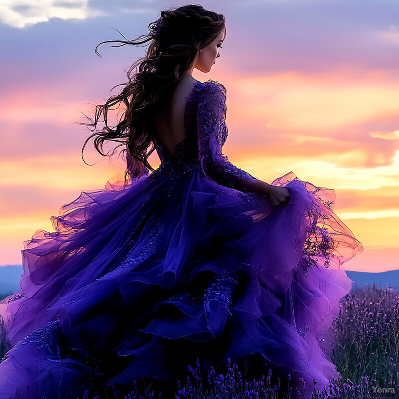 A woman stands in a field of lavender, dressed in a purple gown, gazing off into the distance.