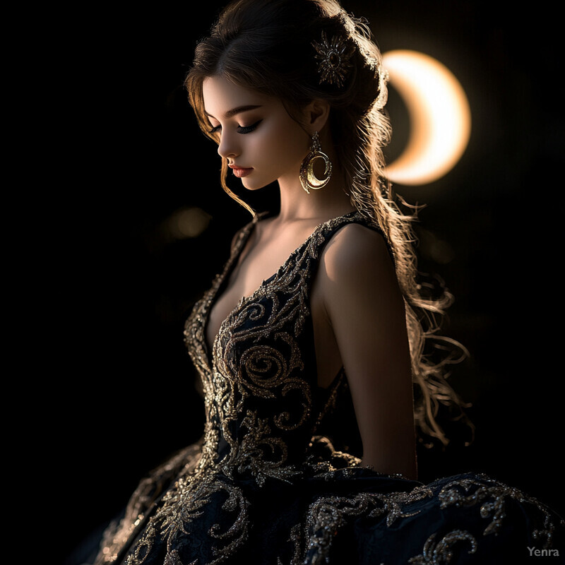 A woman in a black dress with gold embroidery, standing against a dark background, exuding confidence and poise