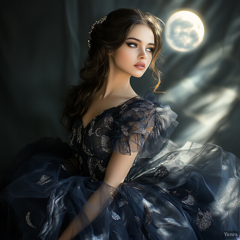 A young woman with long brown hair and a dark blue dress gazes towards the right side of the frame in a serene and contemplative pose.