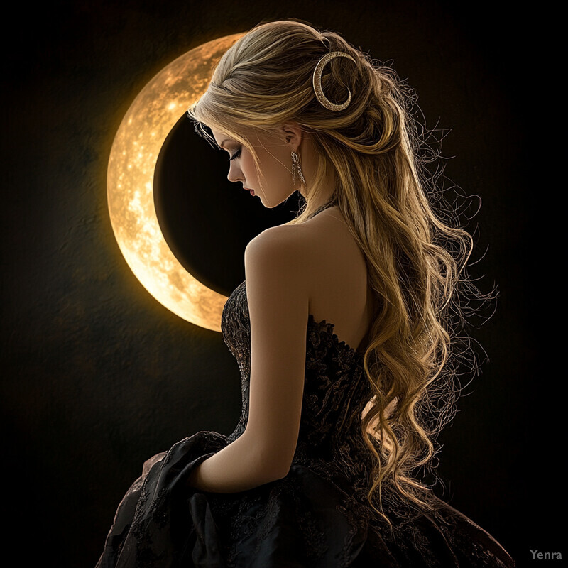 A woman gazes downward at a glowing orange orb, surrounded by a soft, diffused lighting that creates a romantic and dreamy atmosphere.