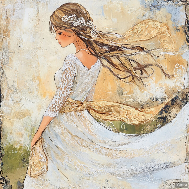 A serene and elegant painting of a woman in a flowing white dress