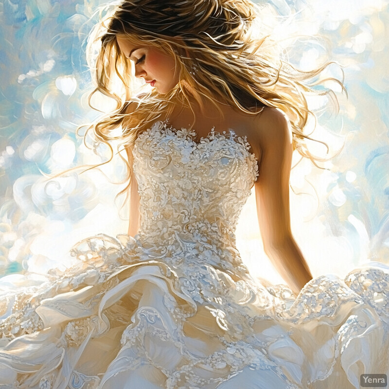 A woman in a stunning wedding dress, exuding ethereal elegance.