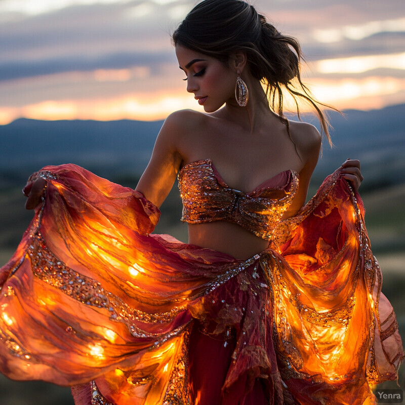 A woman in an intricately designed belly dance costume stands against a serene landscape backdrop.