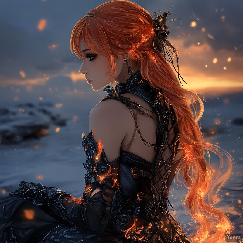 A woman with red hair sits on a rocky beach at sunset, surrounded by an ethereal atmosphere.