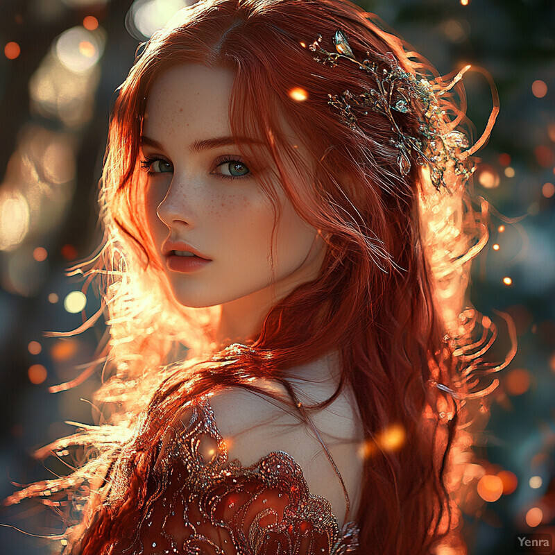 A young woman with striking red hair and fair skin gazes directly at the viewer with an enigmatic expression.