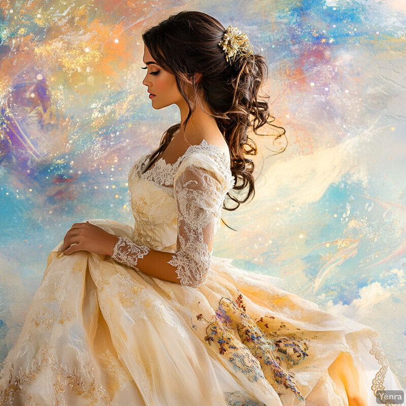 A woman in a beautiful wedding dress with long brown hair and fair skin, posing confidently in front of a soft, pastel-colored background.