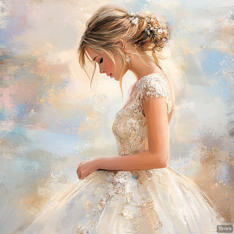 A woman in a white wedding dress stands in front of a beige background, her hair styled in an updo with flowers.