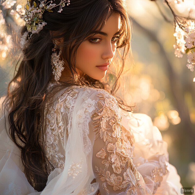 A woman in a stunning white wedding dress stands amidst a lush forest of trees with white flowers blooming on them, radiating understated yet sophisticated elegance.