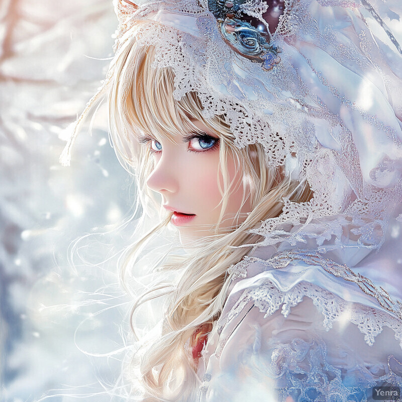 A young woman with striking blue eyes and long blonde hair, dressed in a white lace headpiece and matching dress, gazing to the left.