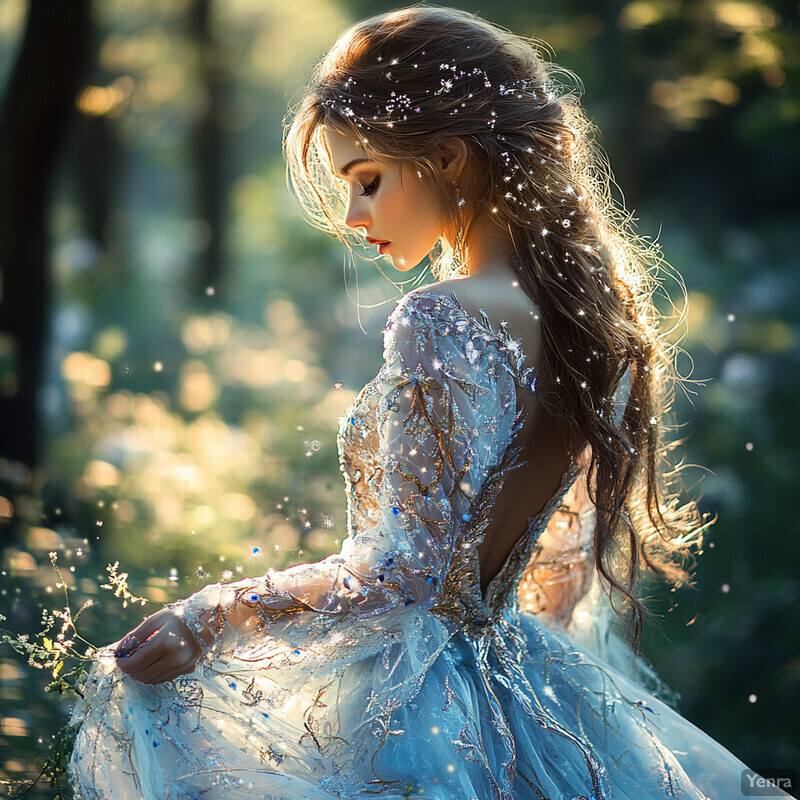 A woman in a blue dress admires herself in a forest setting.