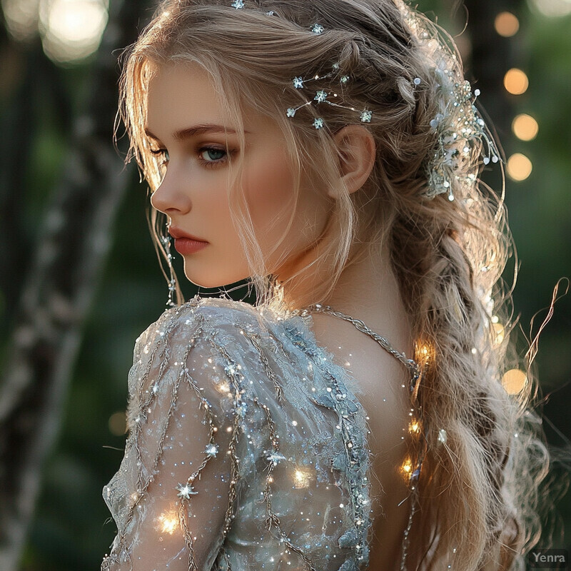 A young woman with long blonde hair and a white dress stands against a backdrop of lush greenery, exuding refinement and poise.