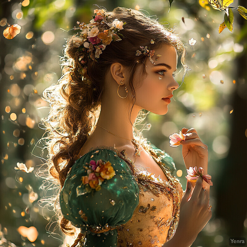 A woman with long brown hair adorned with flowers and leaves, wearing a green dress with gold accents, holding a flower in her right hand and surrounded by soft light.