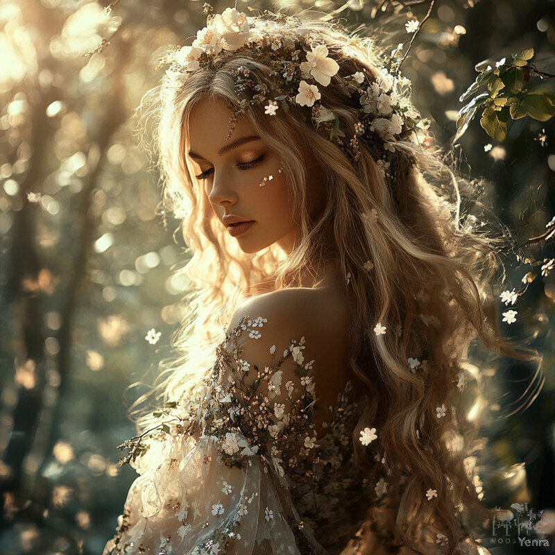 A serene and enchanting scene of a woman adorned with flowers in her hair and dress, surrounded by lush greenery