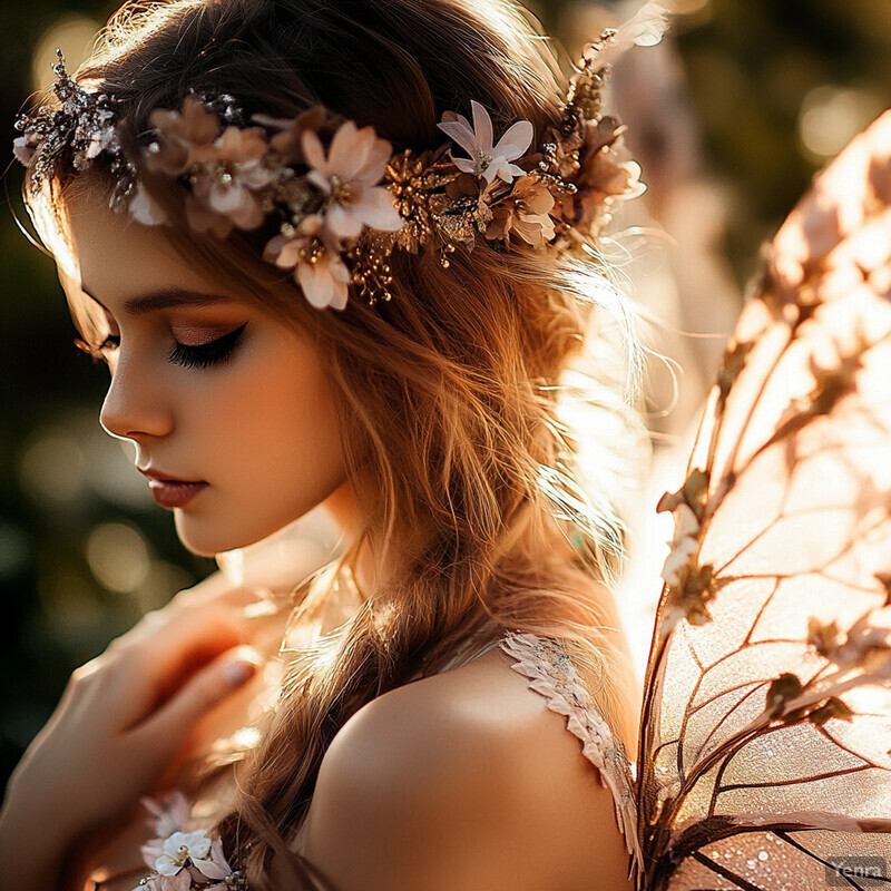 A young woman with fair skin and long hair wears a floral crown and butterfly wings, evoking a sense of whimsy and fantasy.