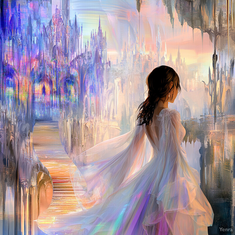 Woman in white dress standing on a bridge/pathway