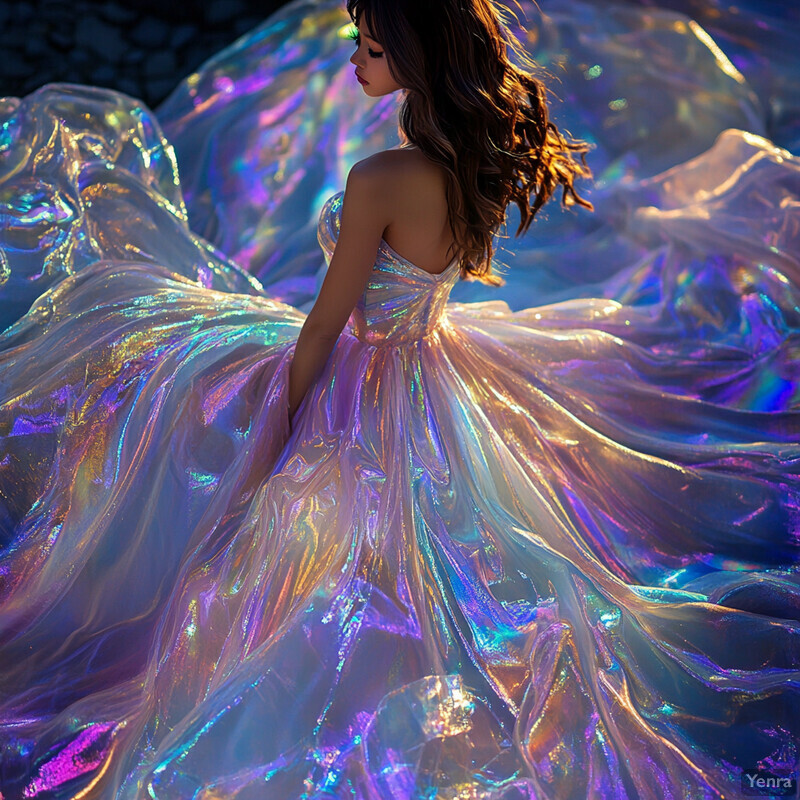 A woman in an iridescent strapless dress stands amidst flowing fabrics, likely captured during a photoshoot or fashion event.