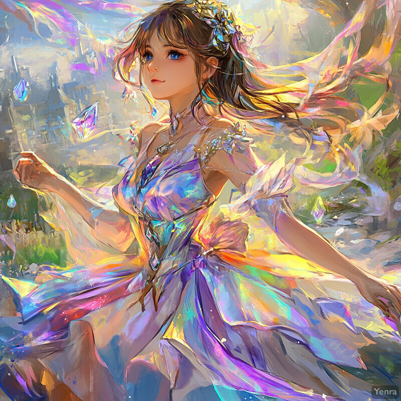 A young woman in a flowing white dress with iridescent gemstones stands against a soft dreamy landscape.