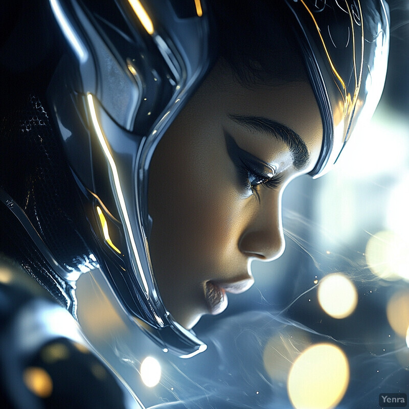 A futuristic galactic guardian with dark eye makeup in a dramatic sci-fi setting.