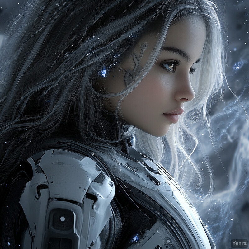 A futuristic woman with long hair and a metallic exosuit looks down at her hands in a dark and blurry background.