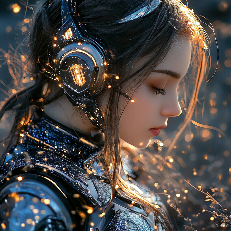 A young girl wears a futuristic outfit and headset, set against a blurred outdoor background.