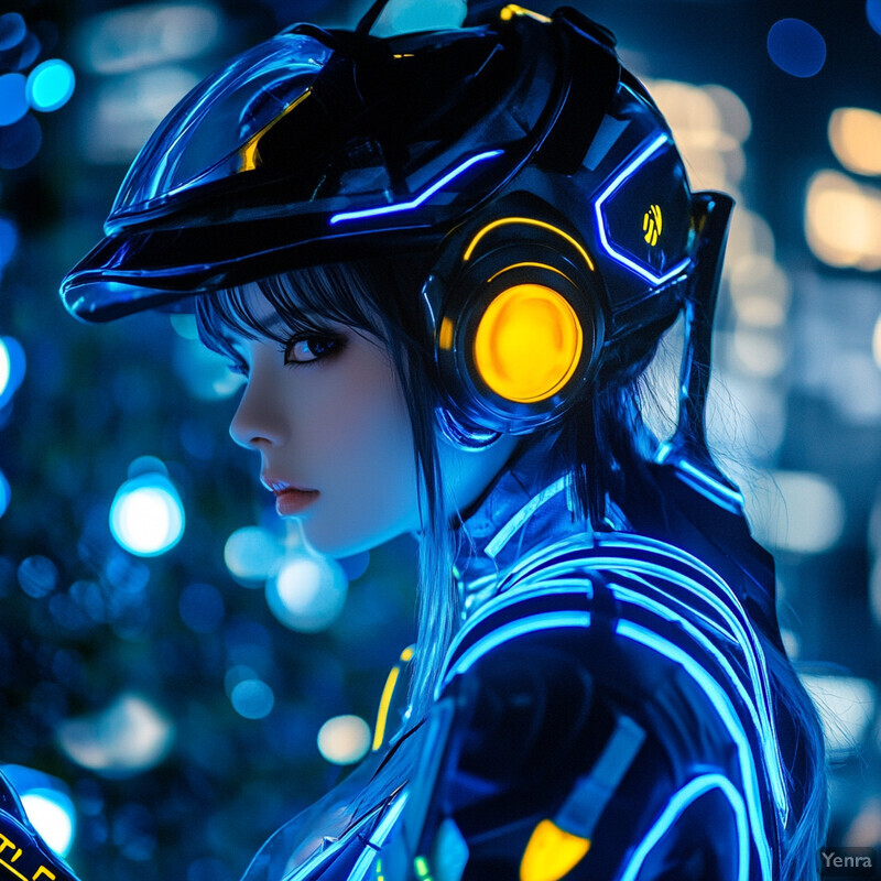 A futuristic female guardian stands confidently in front of an abstract blue background