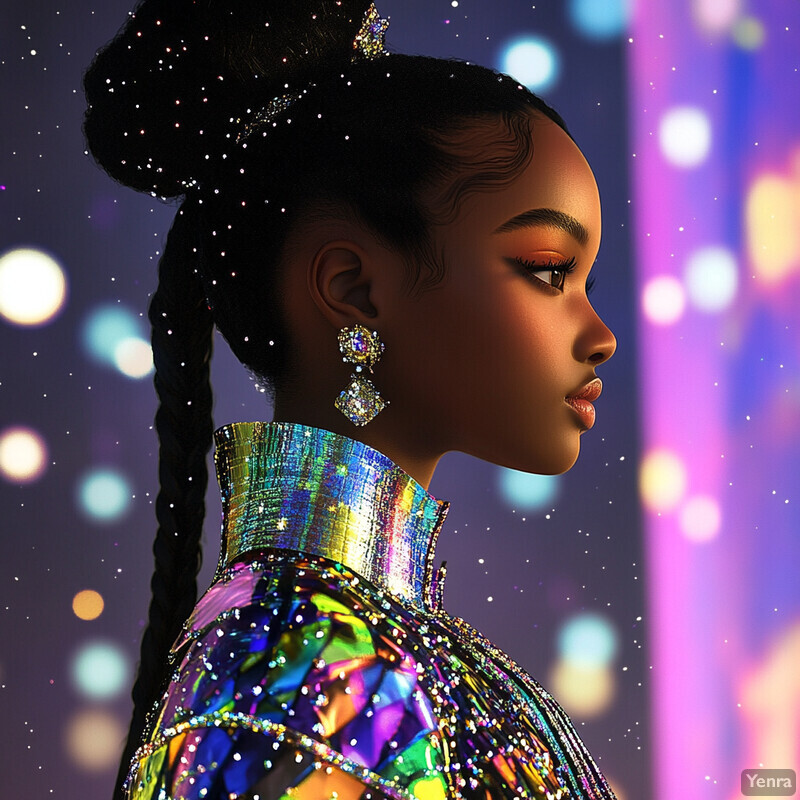 An illustrated woman with dark skin and black hair styled in two long braids, wearing a high-necked top and matching skirt covered in iridescent sequins, against a blurred background featuring multicolored lights.