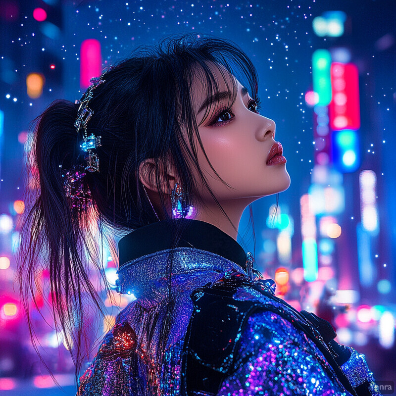 An Asian woman poses in front of a nighttime cityscape with neon lights