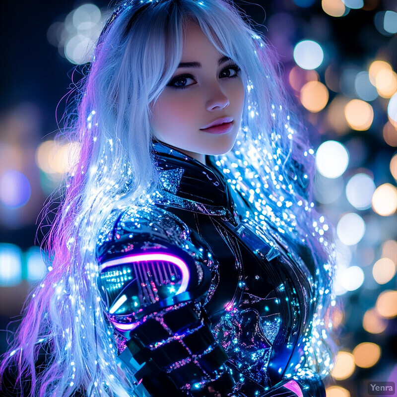 A woman in a futuristic outfit with illuminated hair, set against a blurred background of lights.