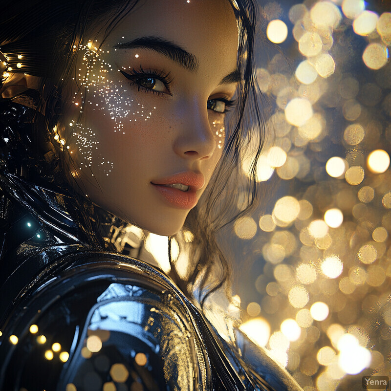 A young woman with long dark hair and fair skin wears metallic armor, gazing to her right, evoking a futuristic or sci-fi atmosphere