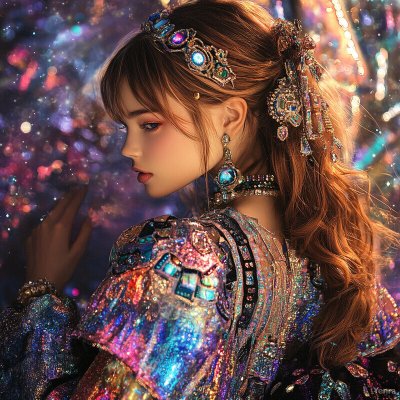 A woman with long brown hair and intricate jewelry gazes downward, wearing an iridescent dress that shimmers like the night sky.