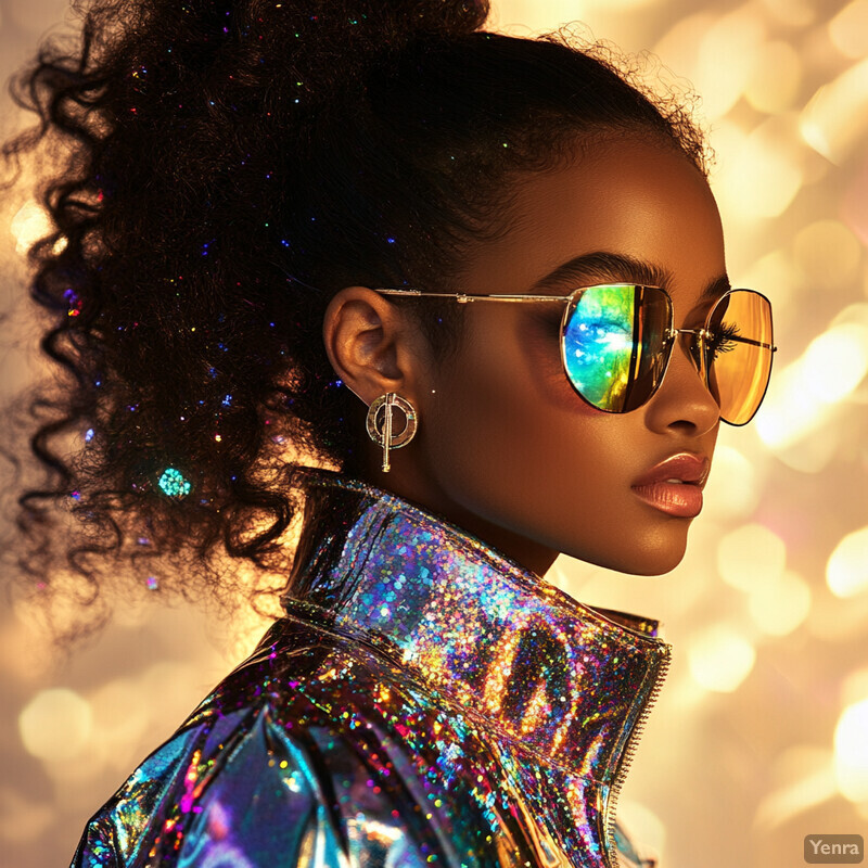 A woman with dark skin and curly hair wears a shiny jacket and sunglasses in front of a blurred background.