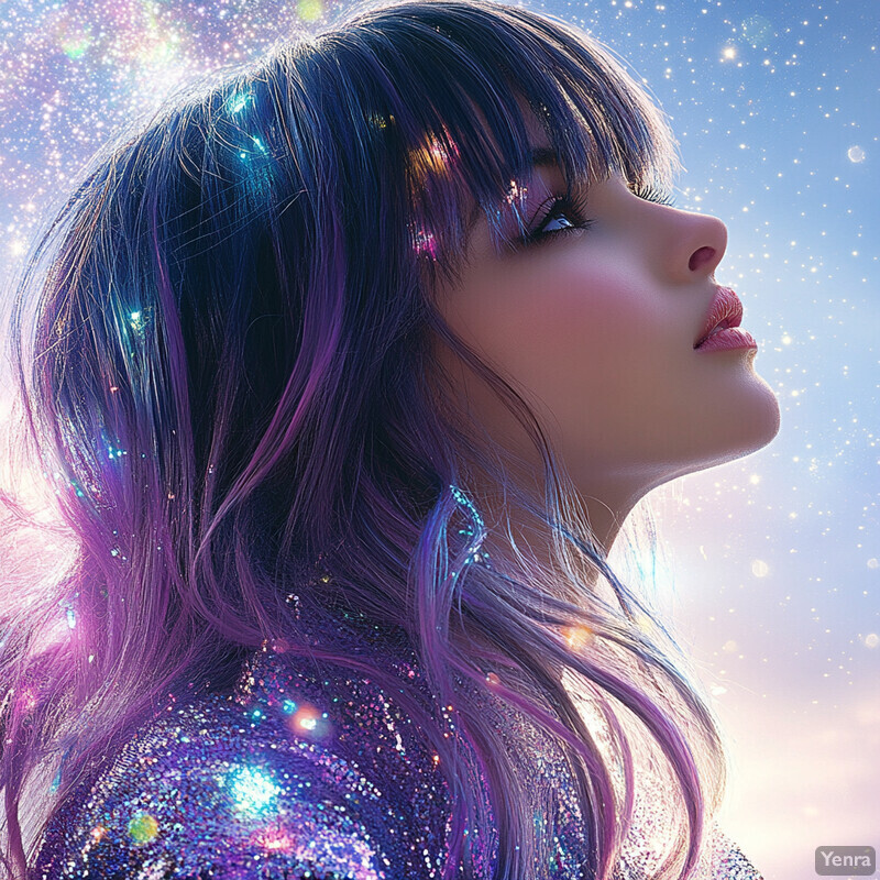 A woman with purple hair and bangs gazes upwards towards the sky, set against a vibrant backdrop.