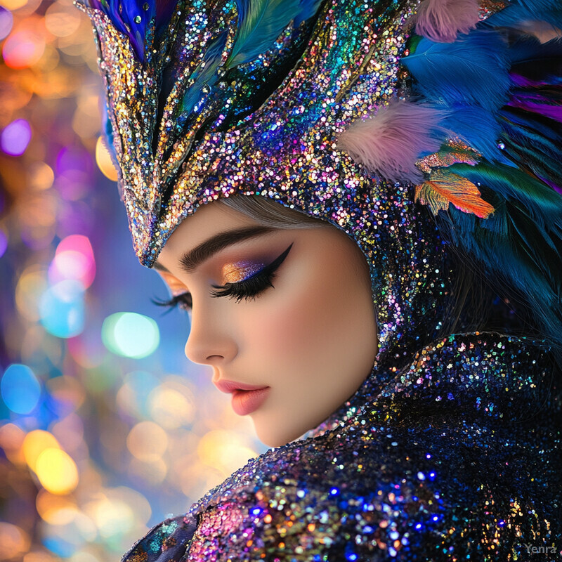 A woman wears an elaborate costume and headdress, exuding glamour and sophistication.