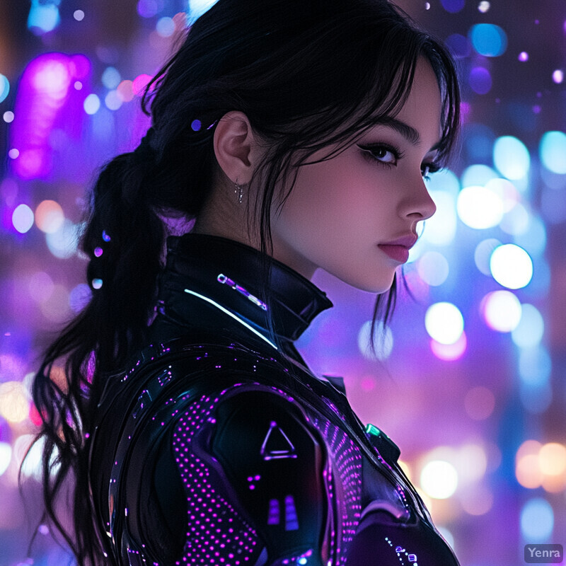 A woman with long dark hair in a low ponytail, wearing a black leather jacket with purple accents and reflective details, set against a blurred cityscape at night.