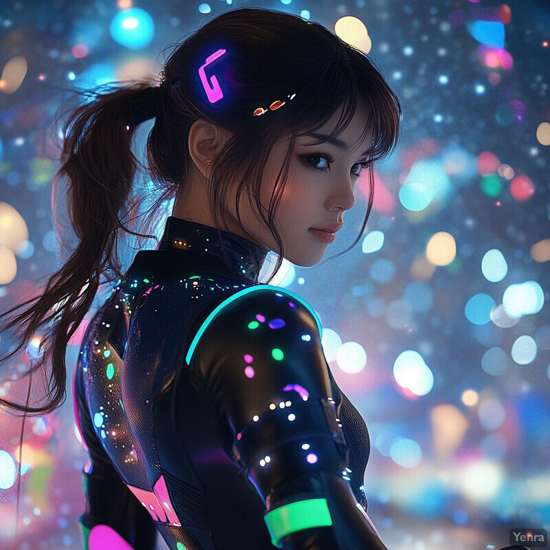 A woman in a black jumpsuit with neon accents gazes over her shoulder at an off-camera subject in a futuristic urban setting.