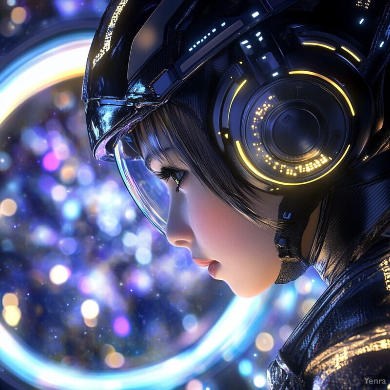 A futuristic scene with a woman wearing a black helmet and suit, surrounded by a halo of light.