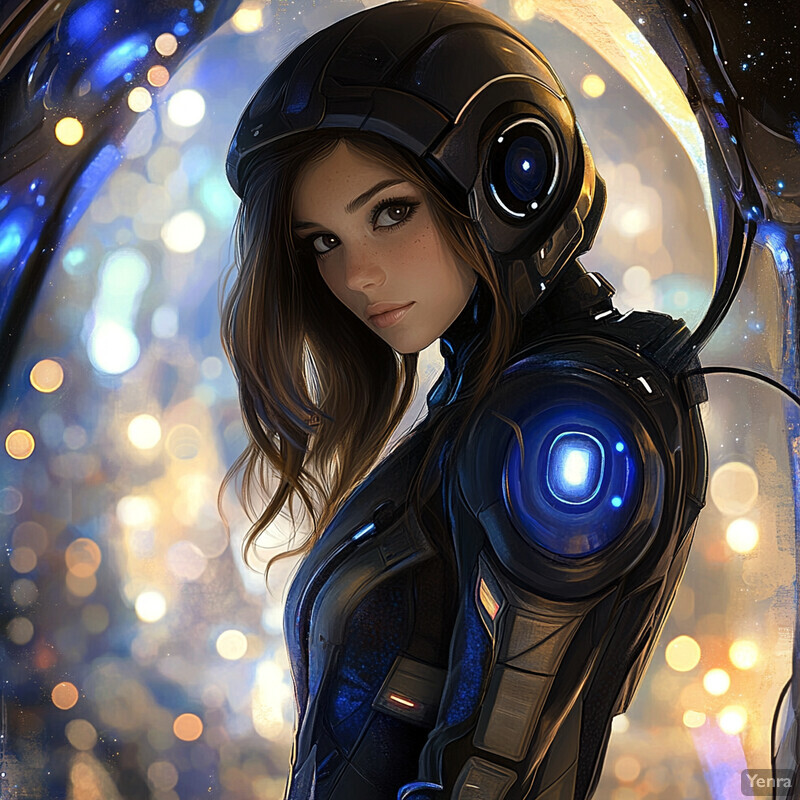 A futuristic spacesuit-clad woman with a helmet and tool in hand, set against a blurred background.